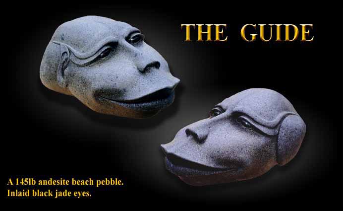 Stone Sculpture, 'The Guide' Black Jade Inlaid Eyes. 